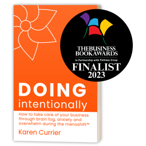 Illustration of the book DOING intentionally and The Business Book Awards Finalist 2023 badge